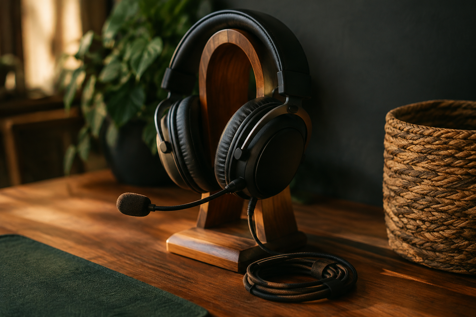 Black over ear gaming headset with boom microphone on a wooden headphone stand