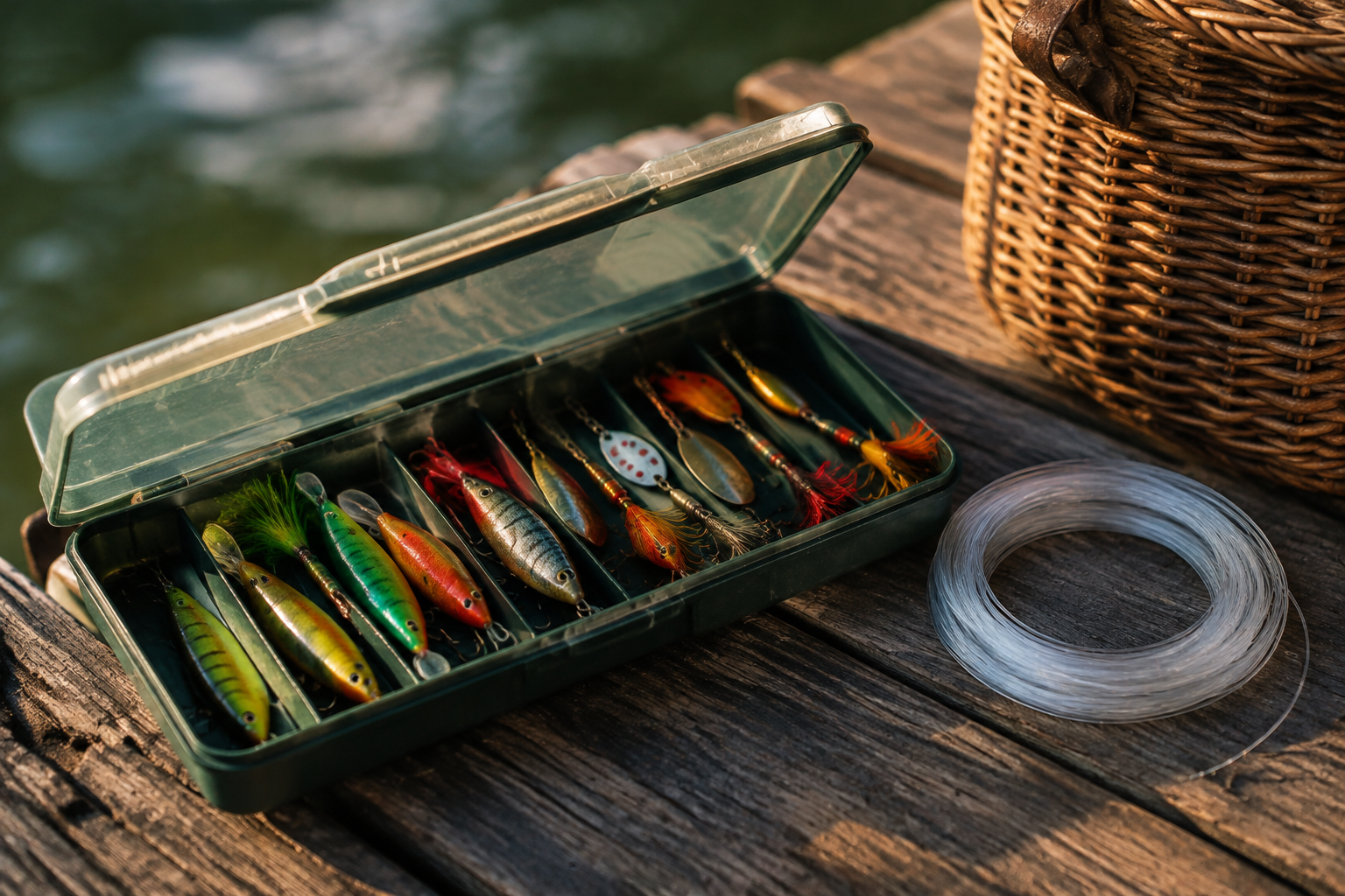 Open slim tackle box with a row of colourful fishing lures and coiled line