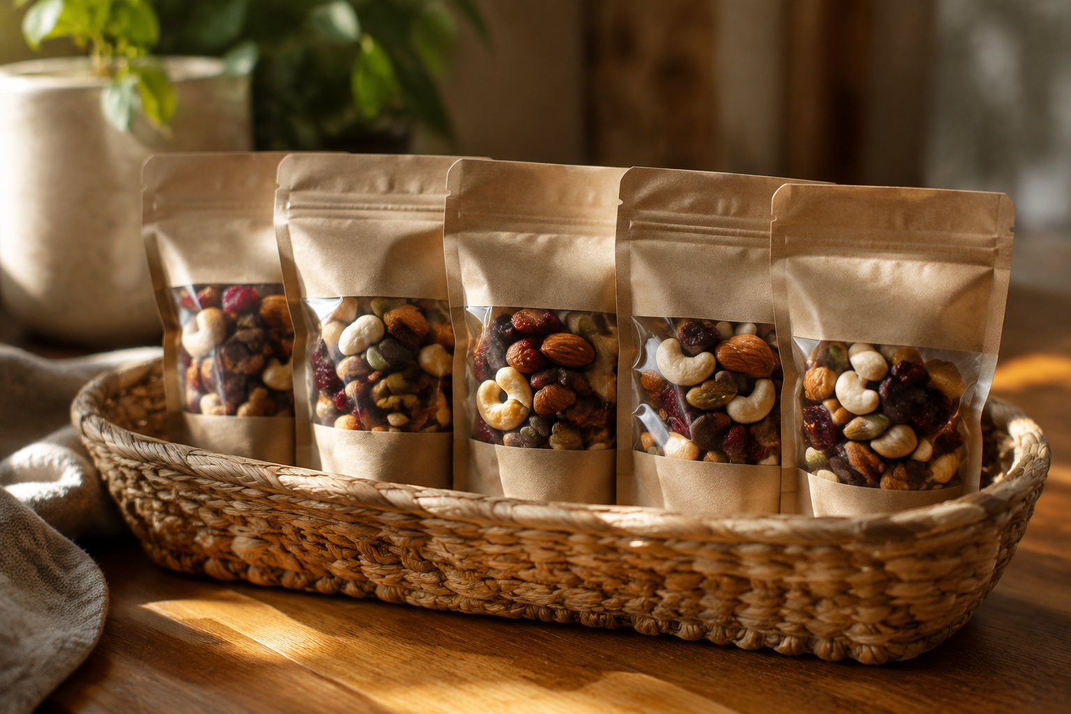 Row of trail mix pouches with nuts cranberries and dark chocolate in a basket