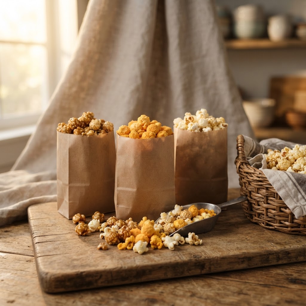 Three craft popcorn bags of caramel cheddar and kettle corn on a wooden board