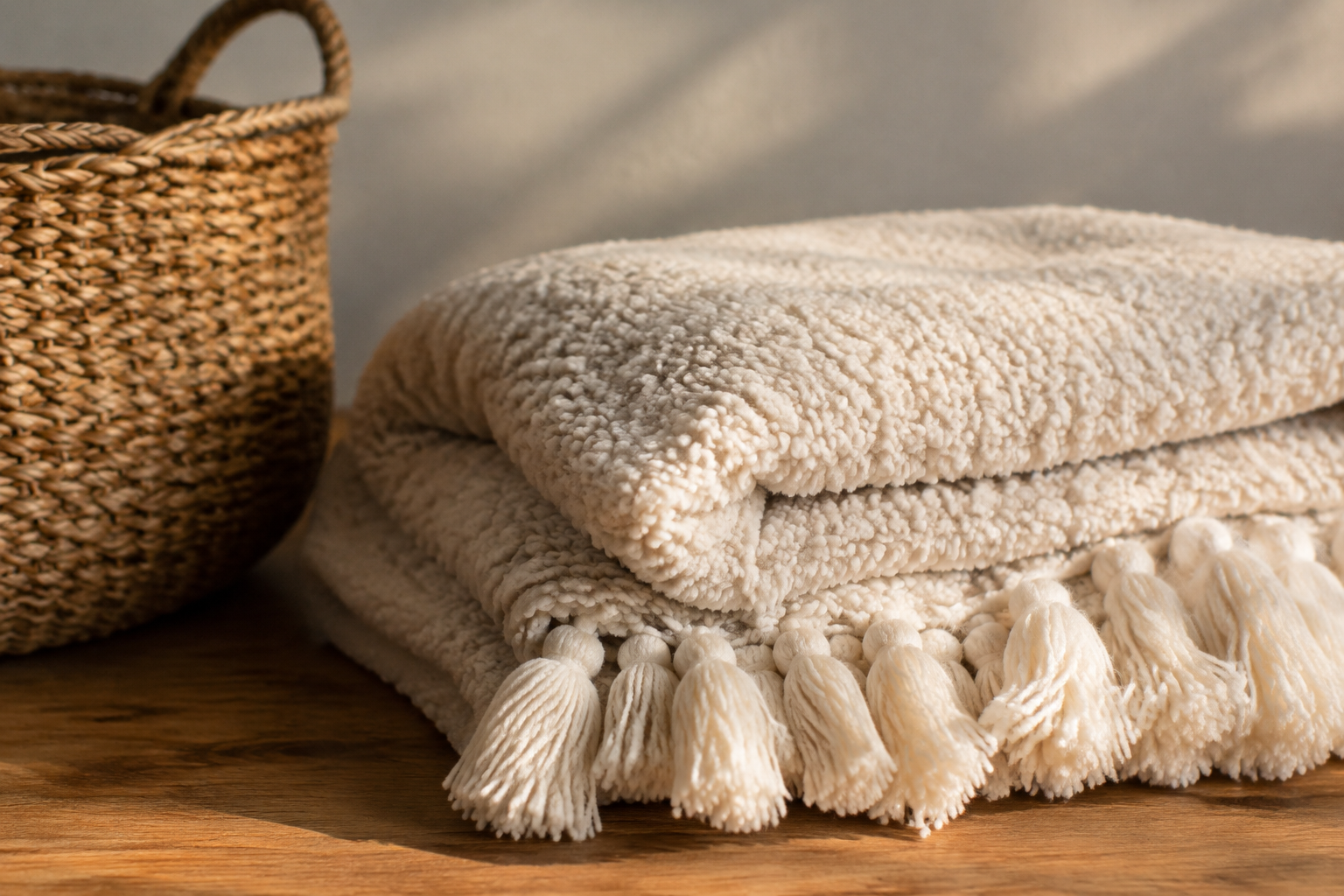 Folded cream sherpa fleece blanket with tasselled hem beside a wicker basket