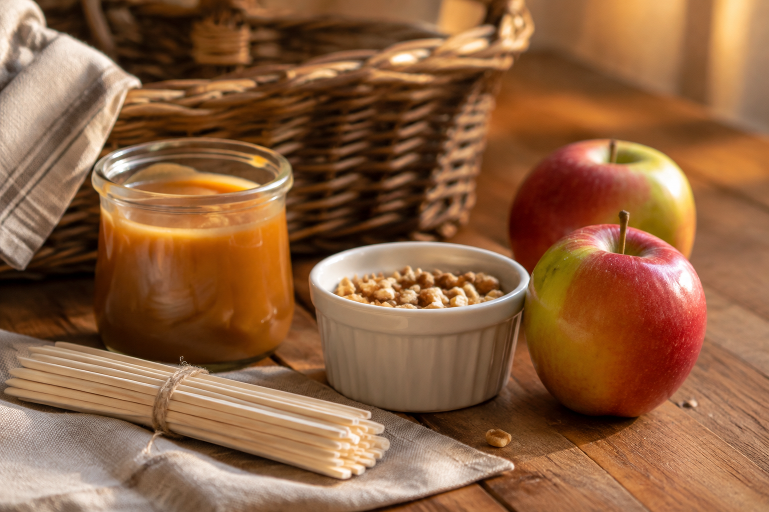 DIY caramel apple kit with caramel sauce nuts sticks and two fresh apples