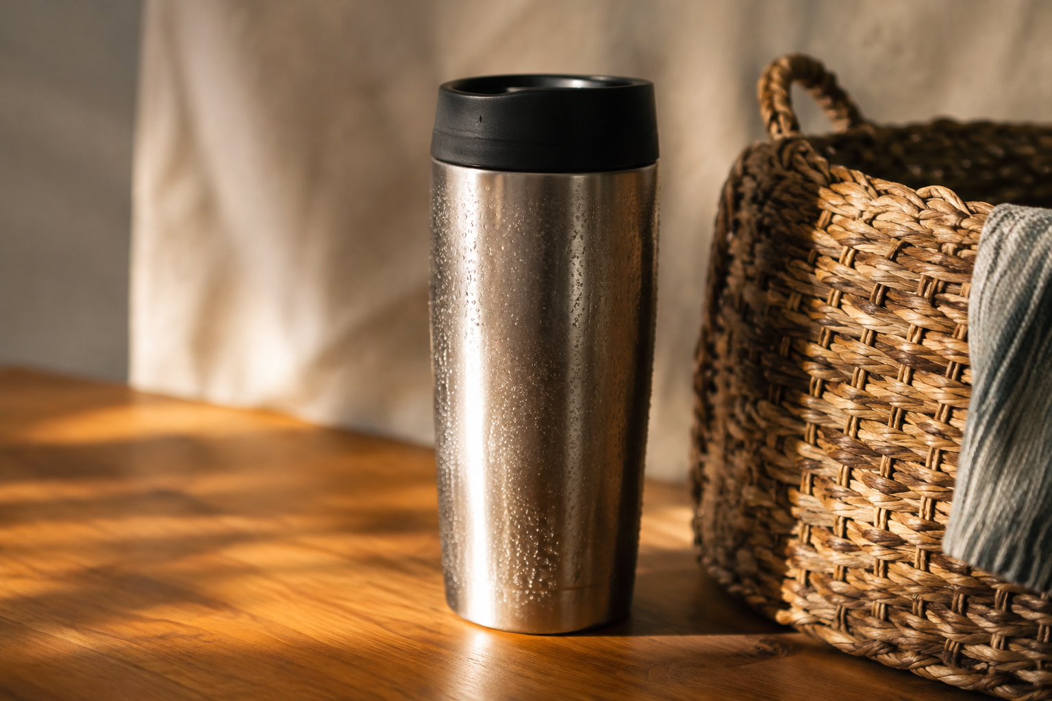 Brushed steel insulated tumbler with matte black lid beside a basket