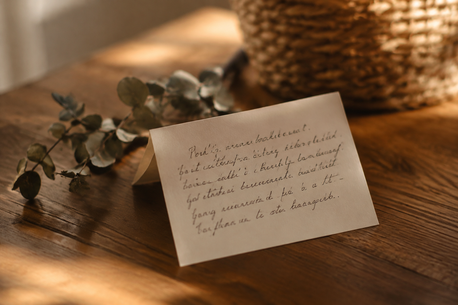 Folded cream card with a handwritten note and dried eucalyptus on a wooden table