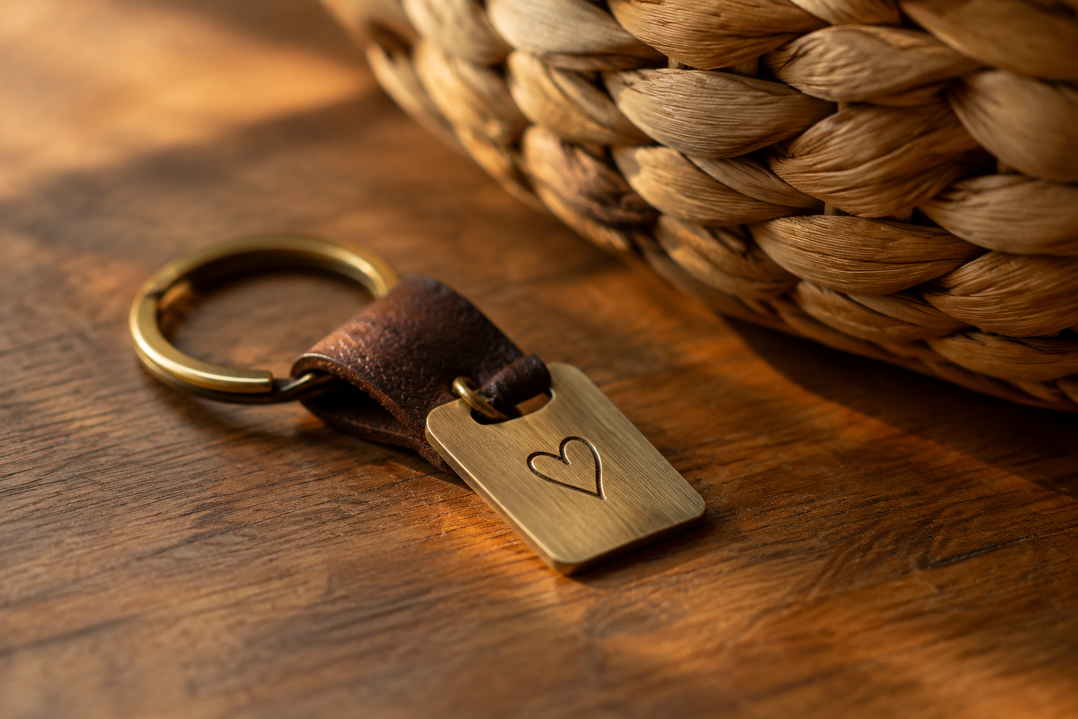 Small brushed brass keychain tag with an engraved heart clipped to a leather keyring