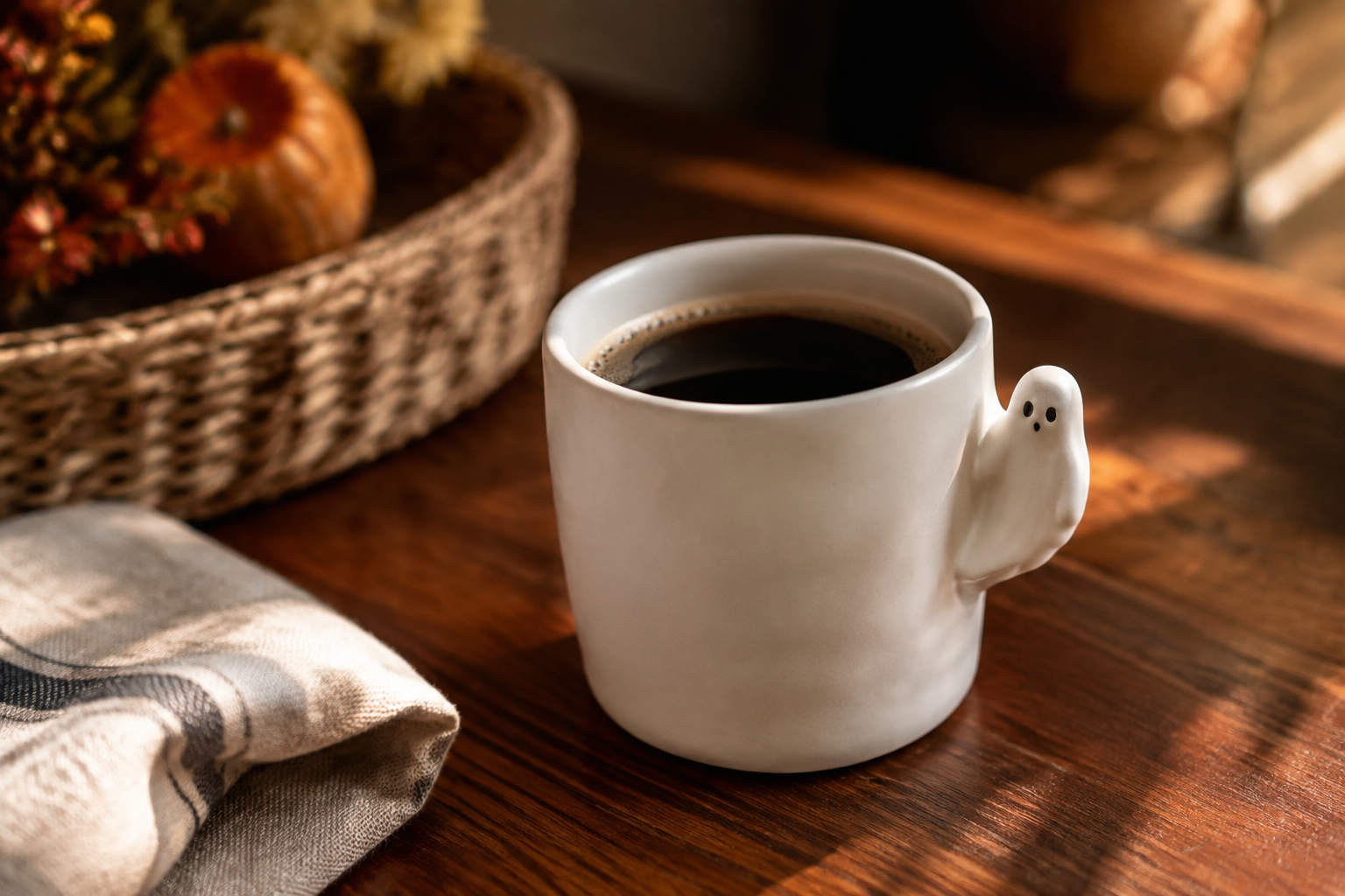 Matte white ceramic mug with a sculpted ghost handle on a wooden table