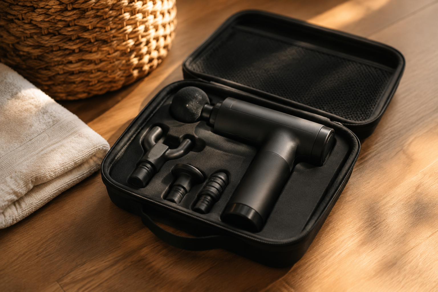 Matte black percussion massage gun in an open carry case with three attachments