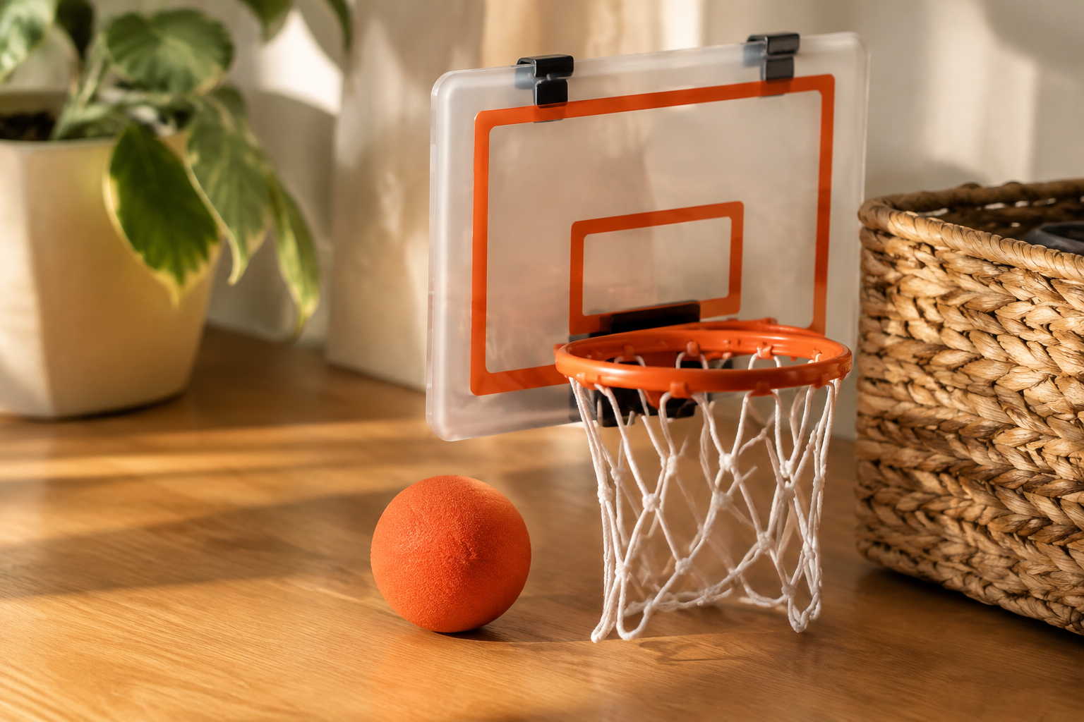 Miniature desk basketball hoop with a soft foam ball on a wooden desk