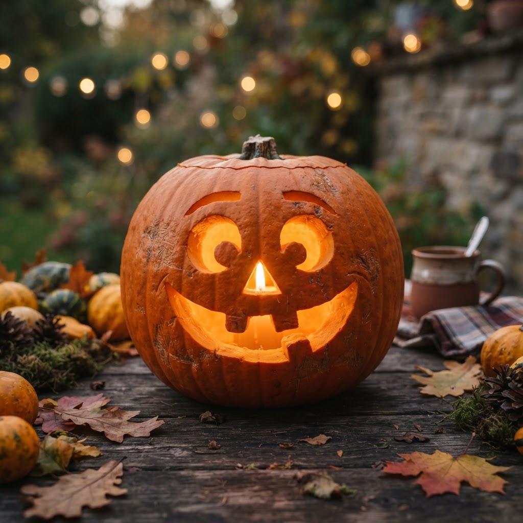 Gap-toothed jack-o-lantern with silly smile on wooden table