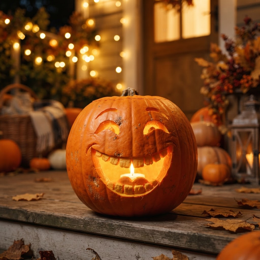 Laughing pumpkin face with wide open happy mouth showing teeth