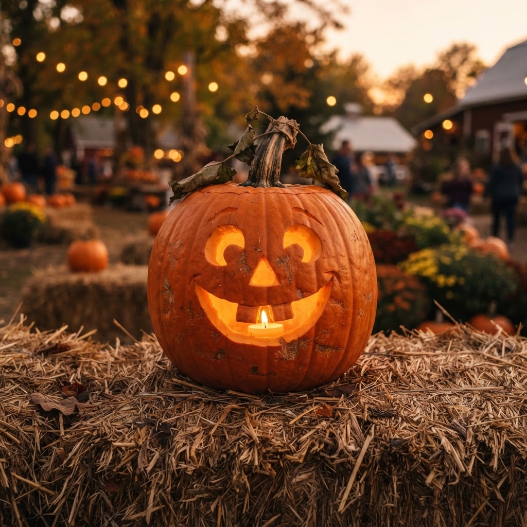 Buck-toothed jack-o-lantern with two front teeth on hay bales