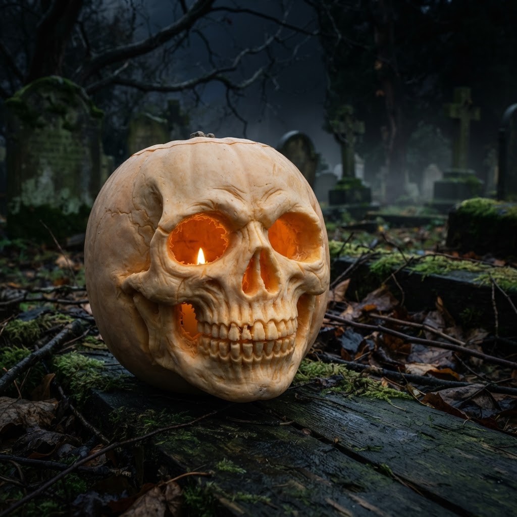 Skull-carved pumpkin with hollow eye sockets in cemetery setting