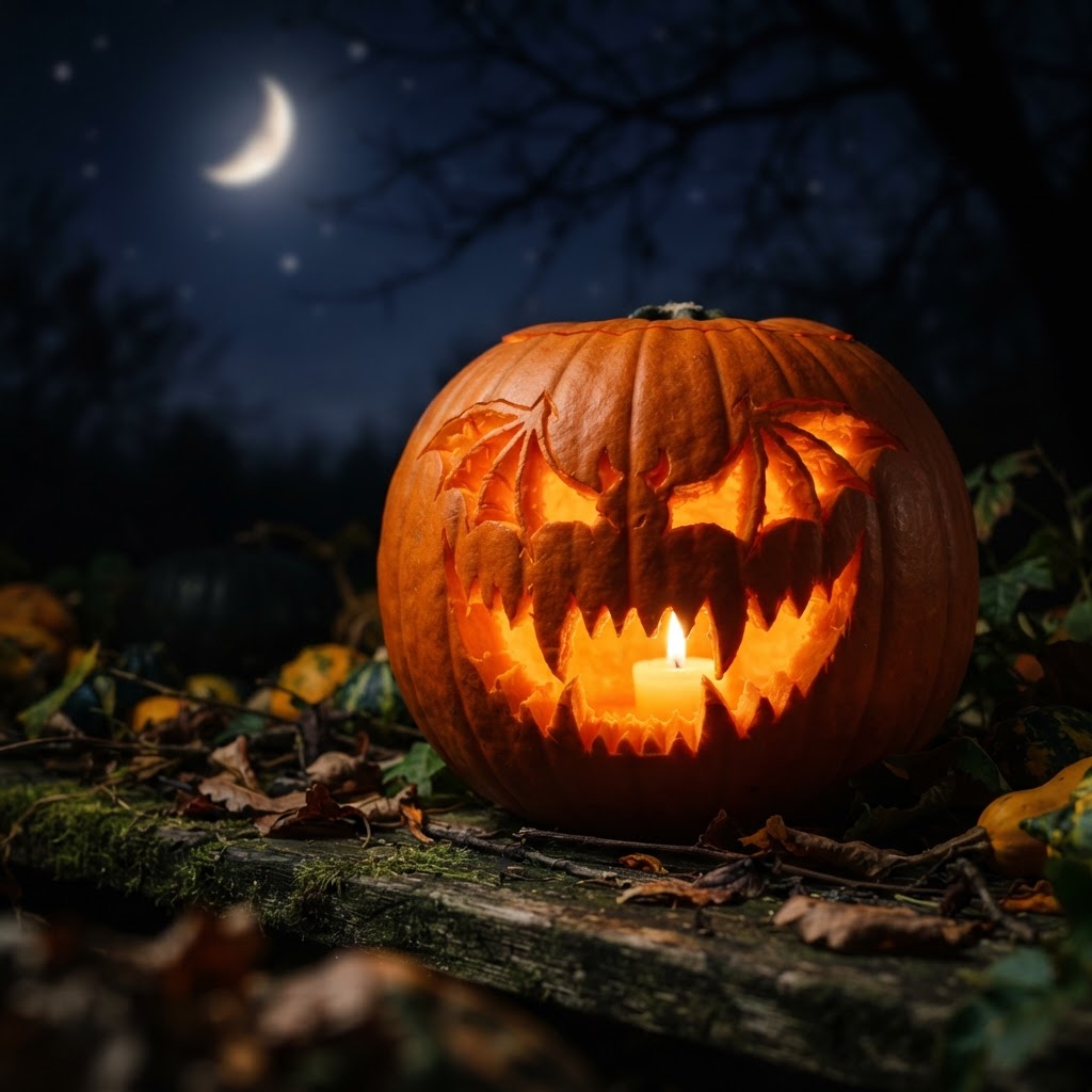 Jack-o-lantern with bat-wing shaped eye sockets and fanged mouth