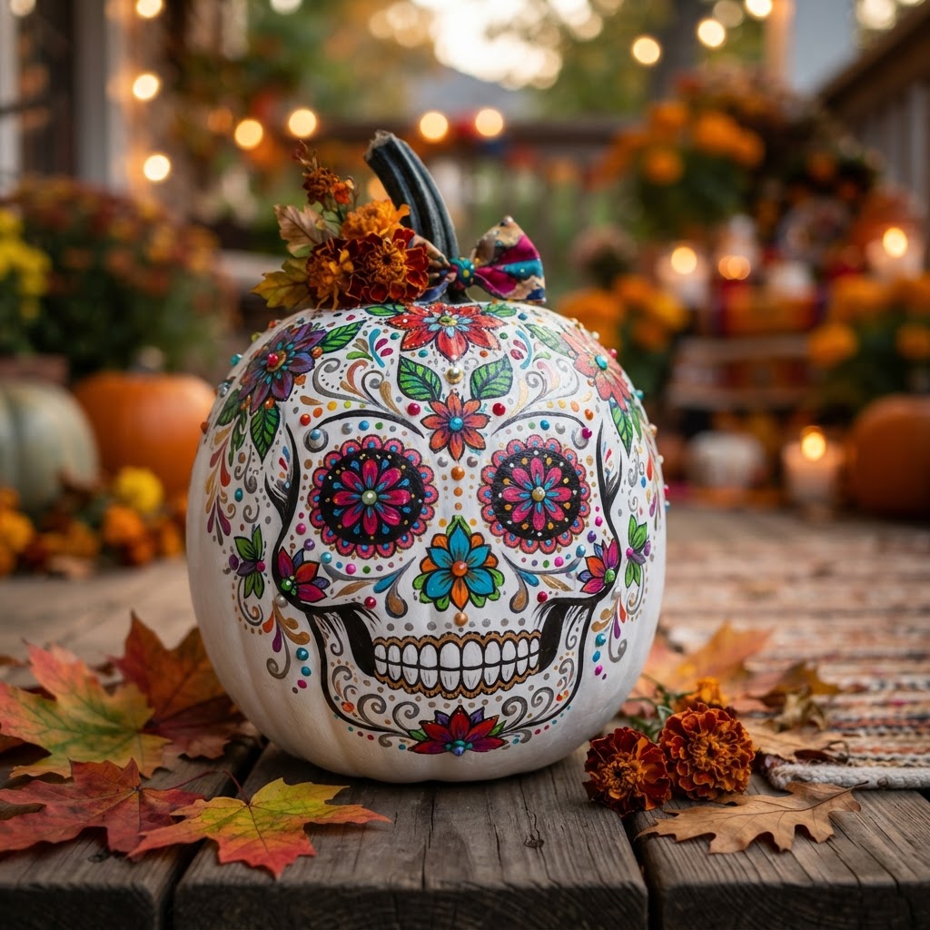 No-carve pumpkin painted as colorful sugar skull for Day of the Dead