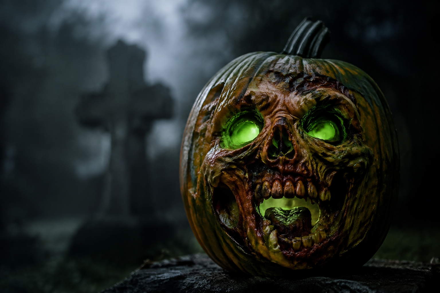 Zombie-faced pumpkin with exposed teeth and sunken rotting eyes