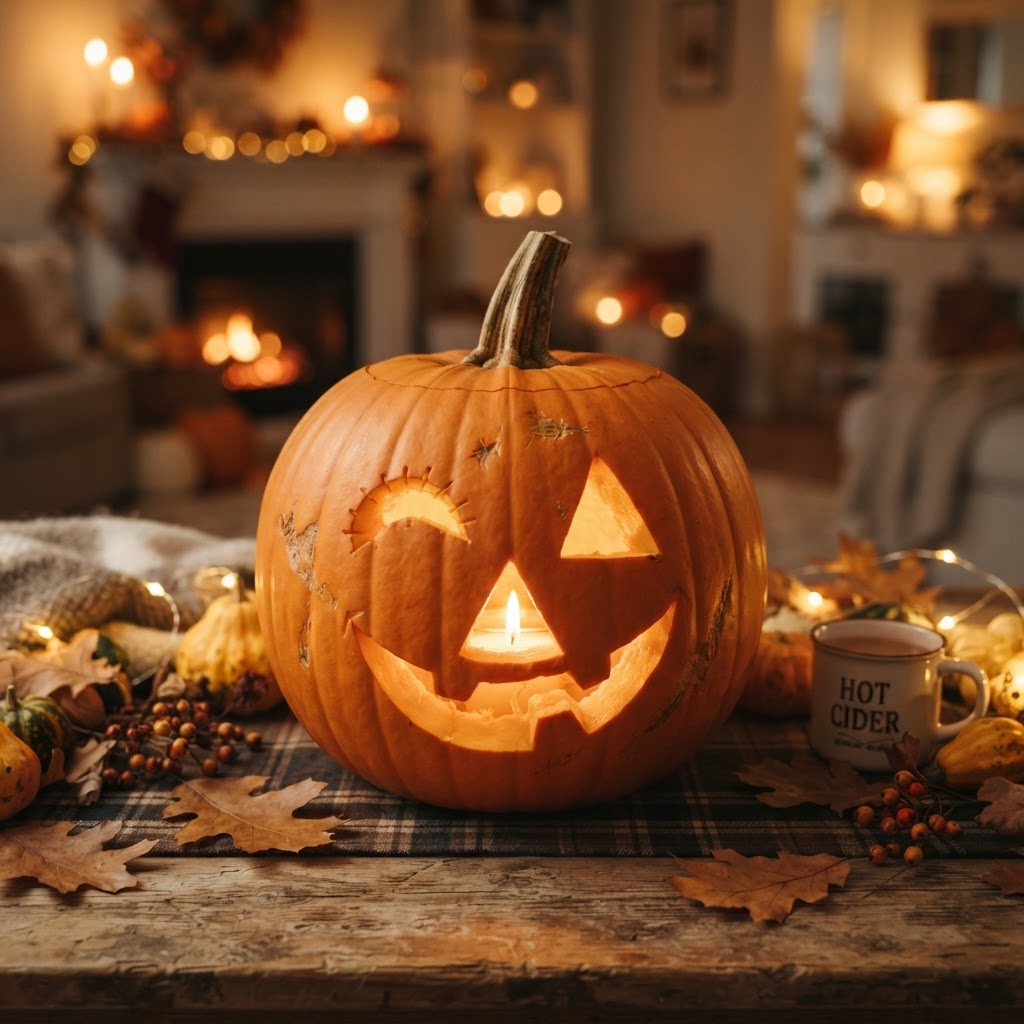 Winking jack-o-lantern with one eye closed and playful smirk