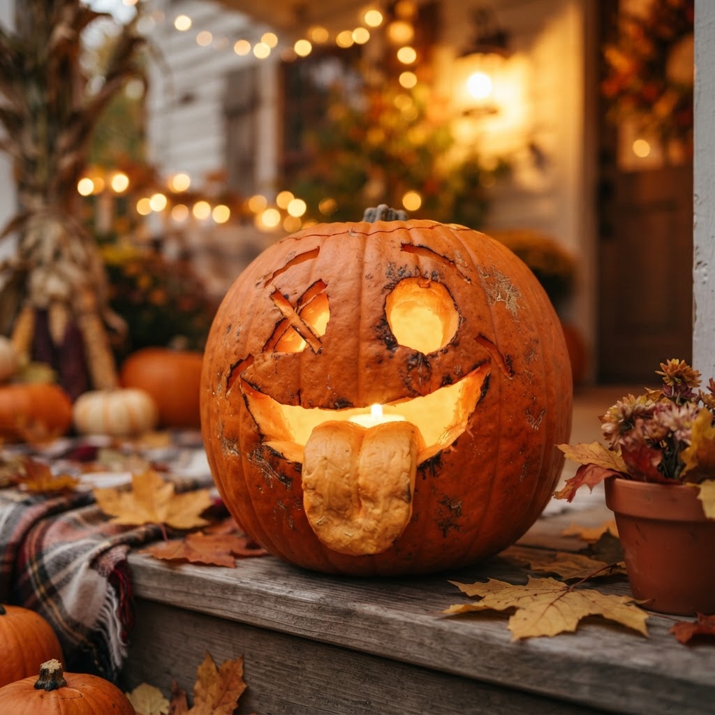 Silly pumpkin with big tongue sticking out and crossed eyes