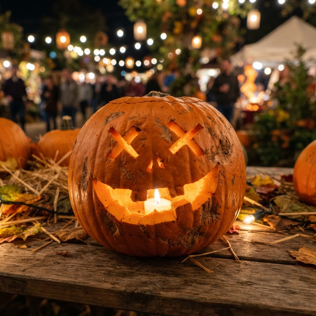 Derpy pumpkin face with asymmetrical crossed eyes and lopsided grin