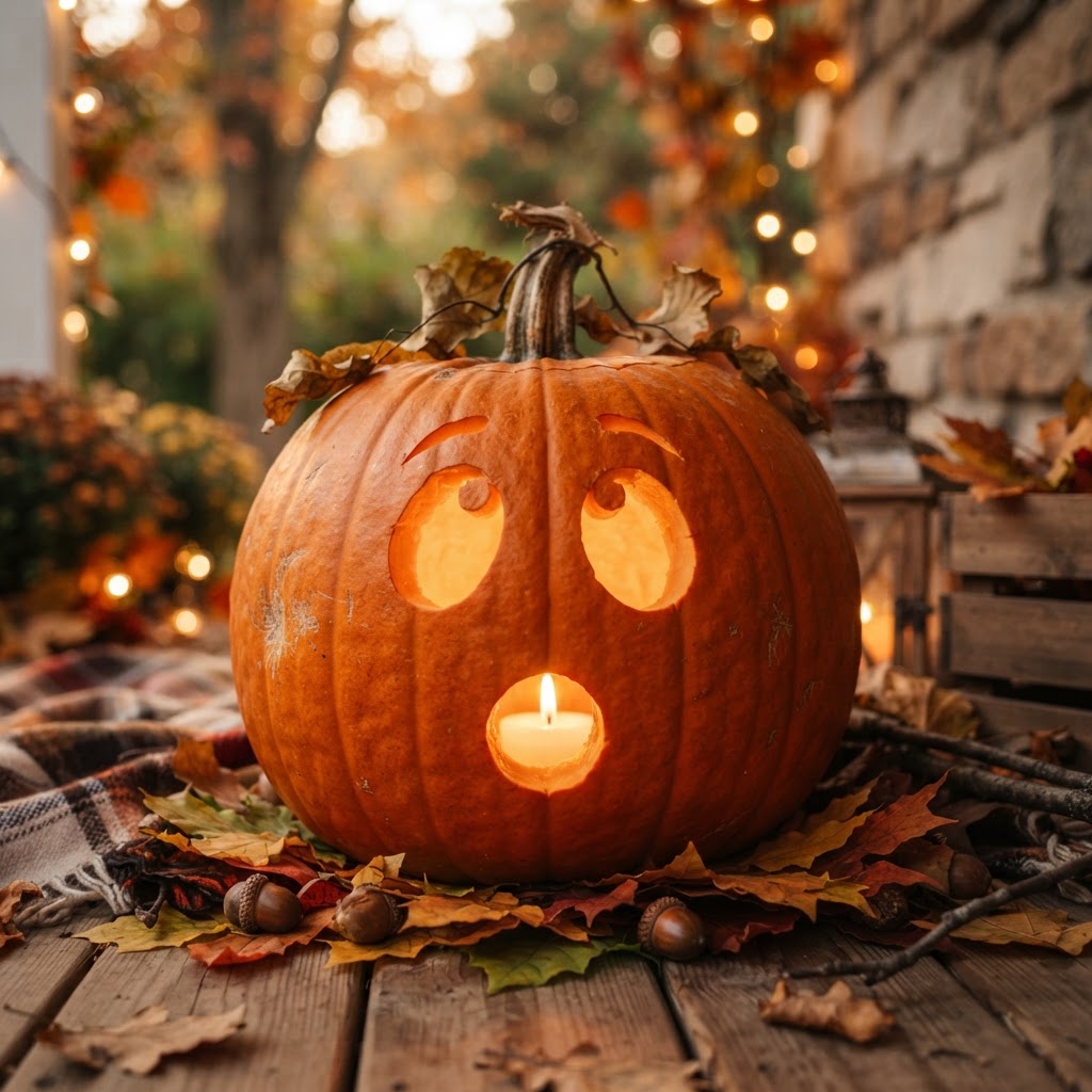 Surprised oops pumpkin face with wide eyes and small oh mouth