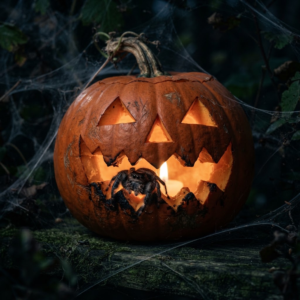 Jack-o-lantern with spider crawling out of carved mouth