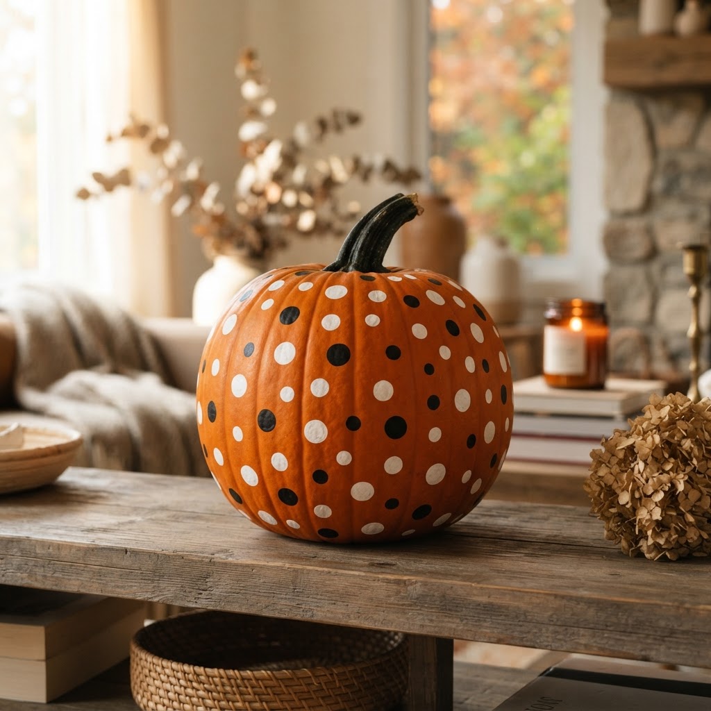 No-carve pumpkin covered in white and black polka dots