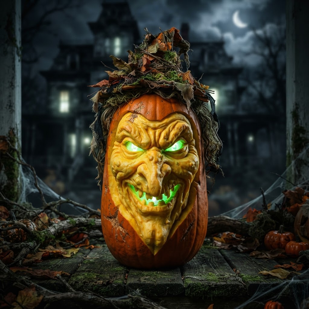 Witch-faced pumpkin with long crooked nose on tall pumpkin