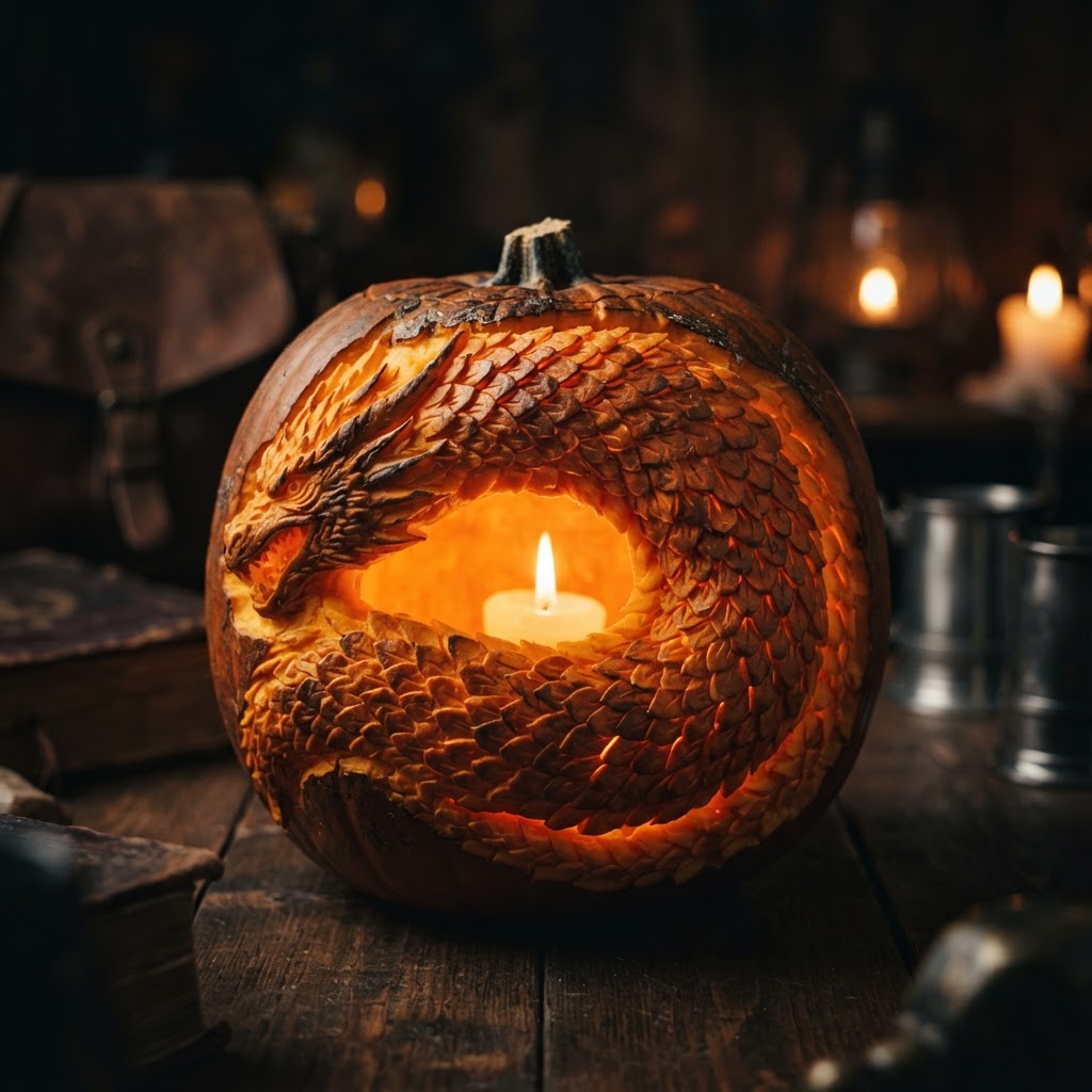 Pumpkin carved with intricate overlapping dragon scale patterns