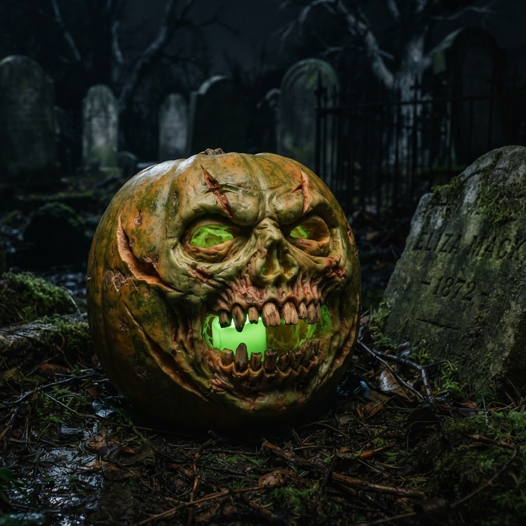 Zombie-faced pumpkin with exposed teeth and sunken eyes