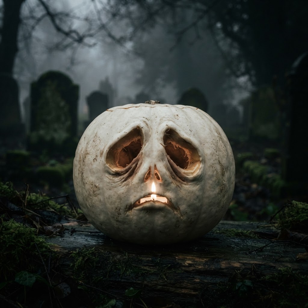 Ghostly jack-o-lantern with hollow deep-set eyes on white pumpkin