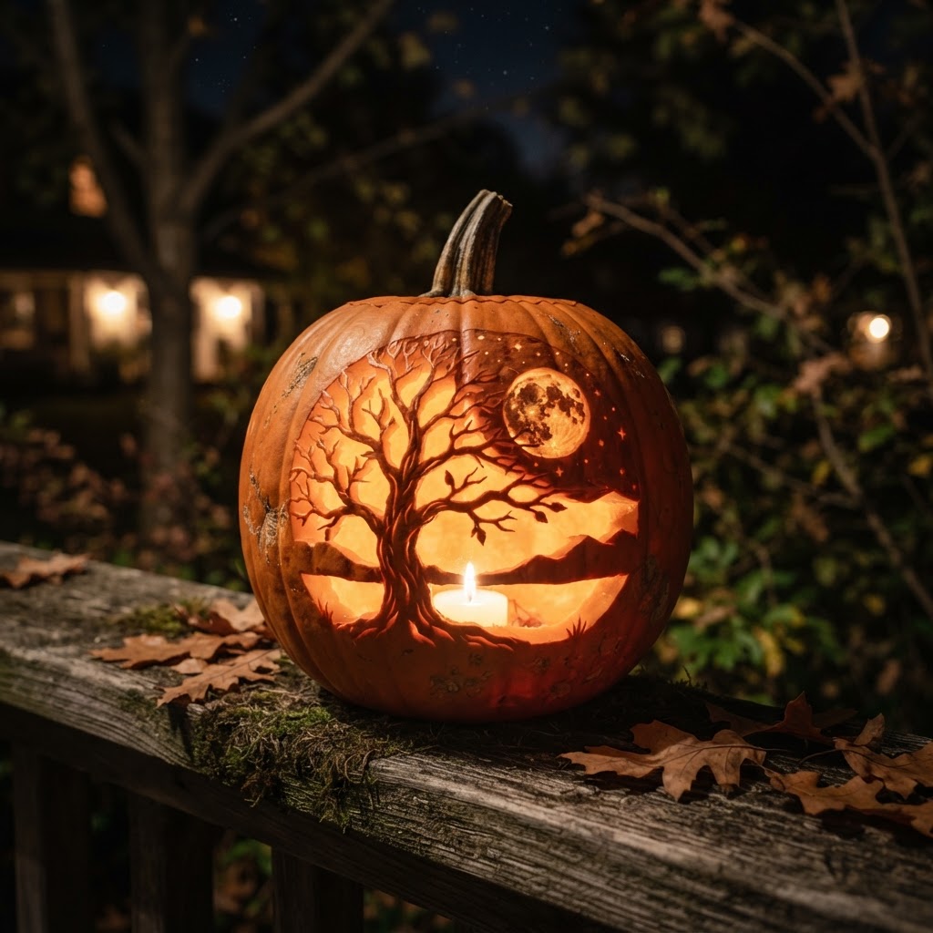 Pumpkin carved with tree silhouette scene with bare branches and moon