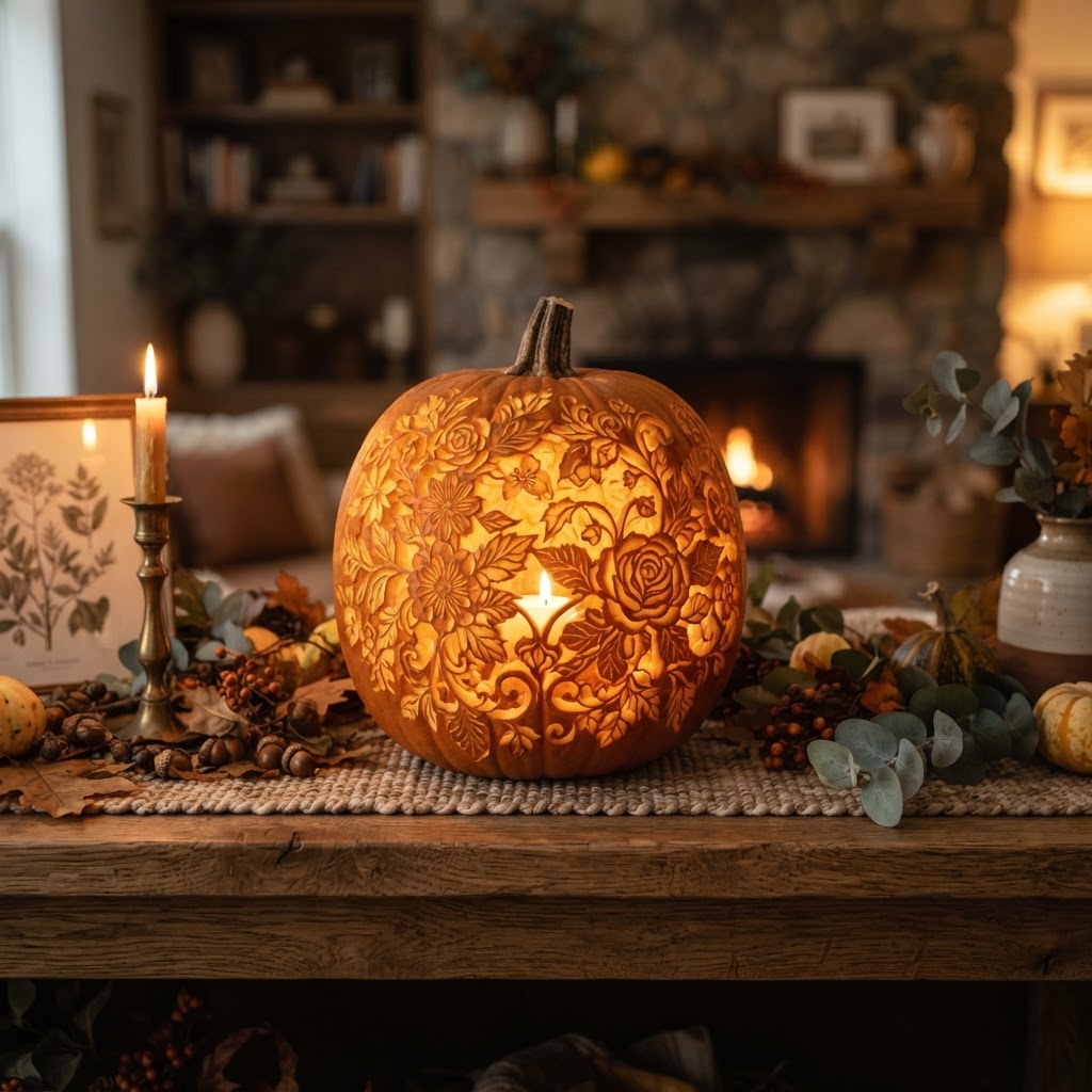 Pumpkin carved with intricate floral patterns and leaves