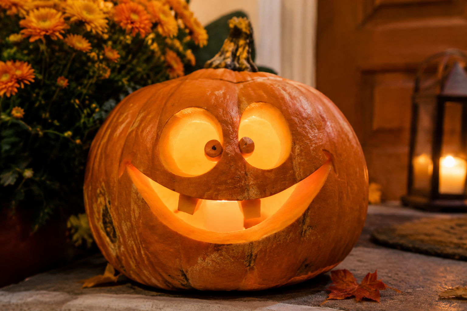 Goofy cross-eyed jack-o-lantern with wide silly uneven grin