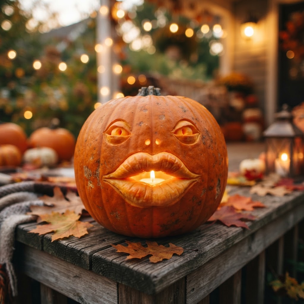 Pumpkin with fish lips carved mouth and pouty expression