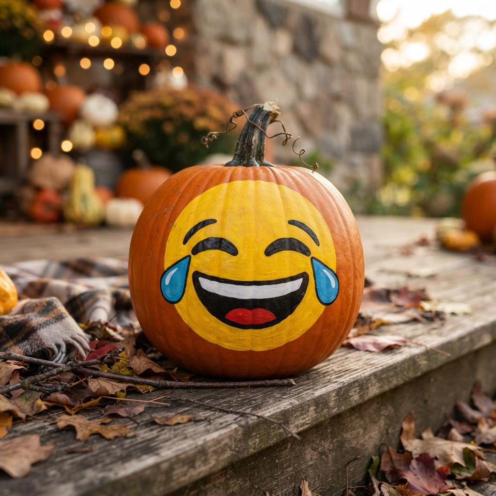 No-carve pumpkin painted with big yellow laughing emoji face