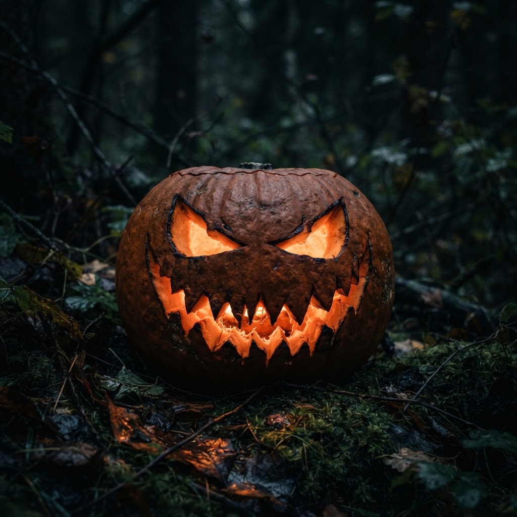 Sinister jack-o-lantern with slanted evil eyes in dark forest