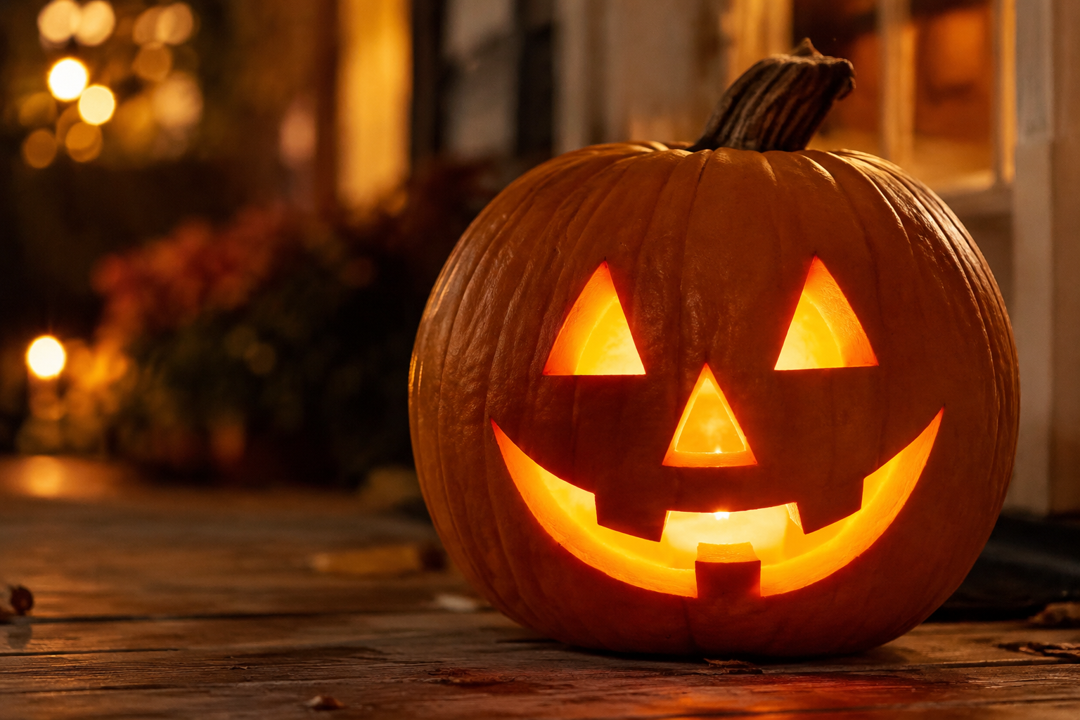 Classic jack-o-lantern with toothy grin glowing warmly on porch