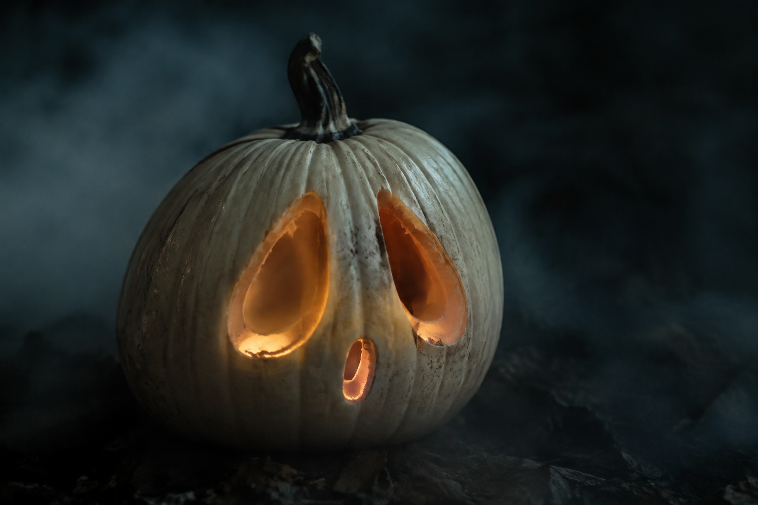 Ghostly jack-o-lantern with deep hollow eyes on white pumpkin