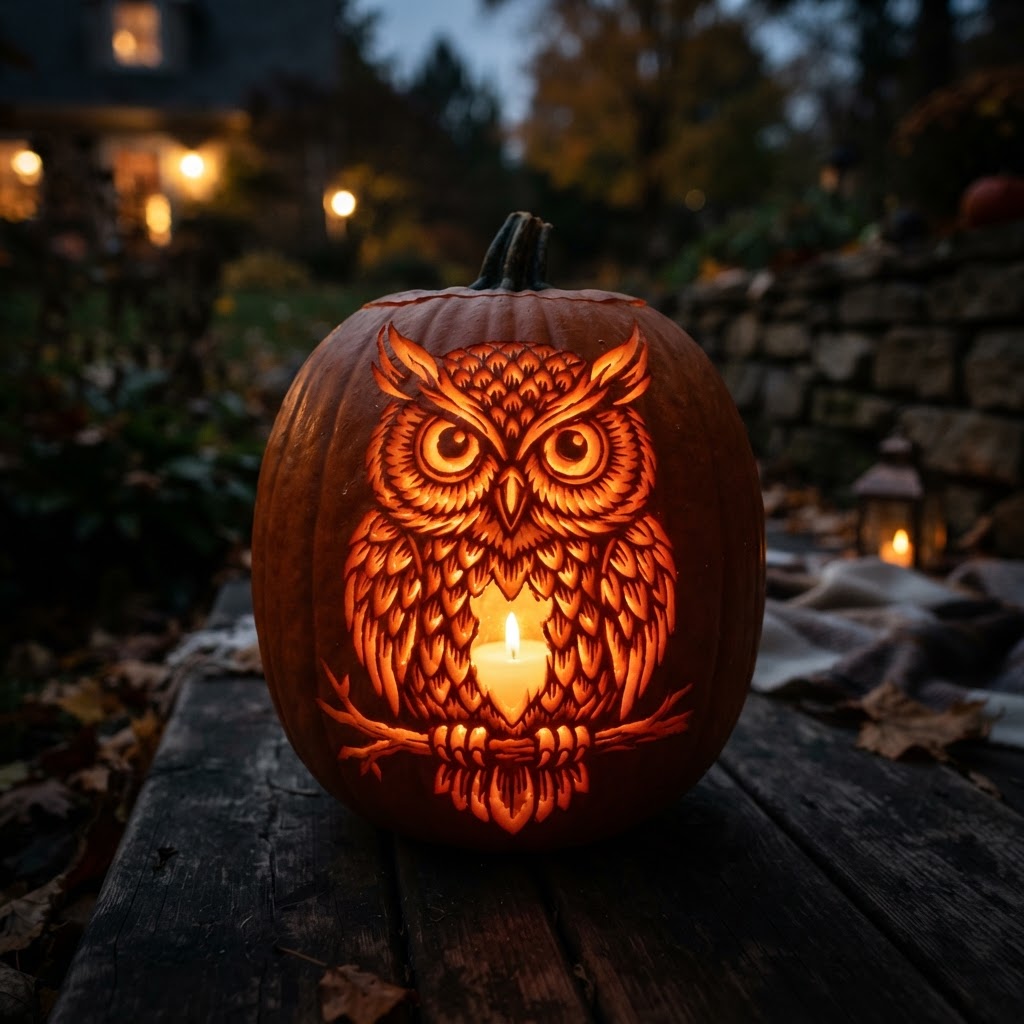 Pumpkin carved with detailed owl design with large round eyes