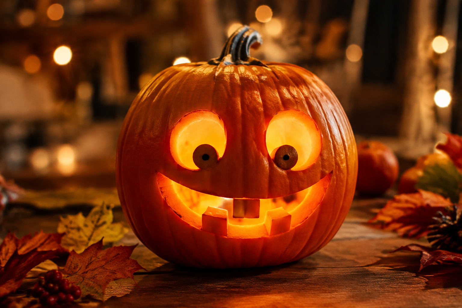 Gap-toothed jack-o-lantern with silly smile and warm glow