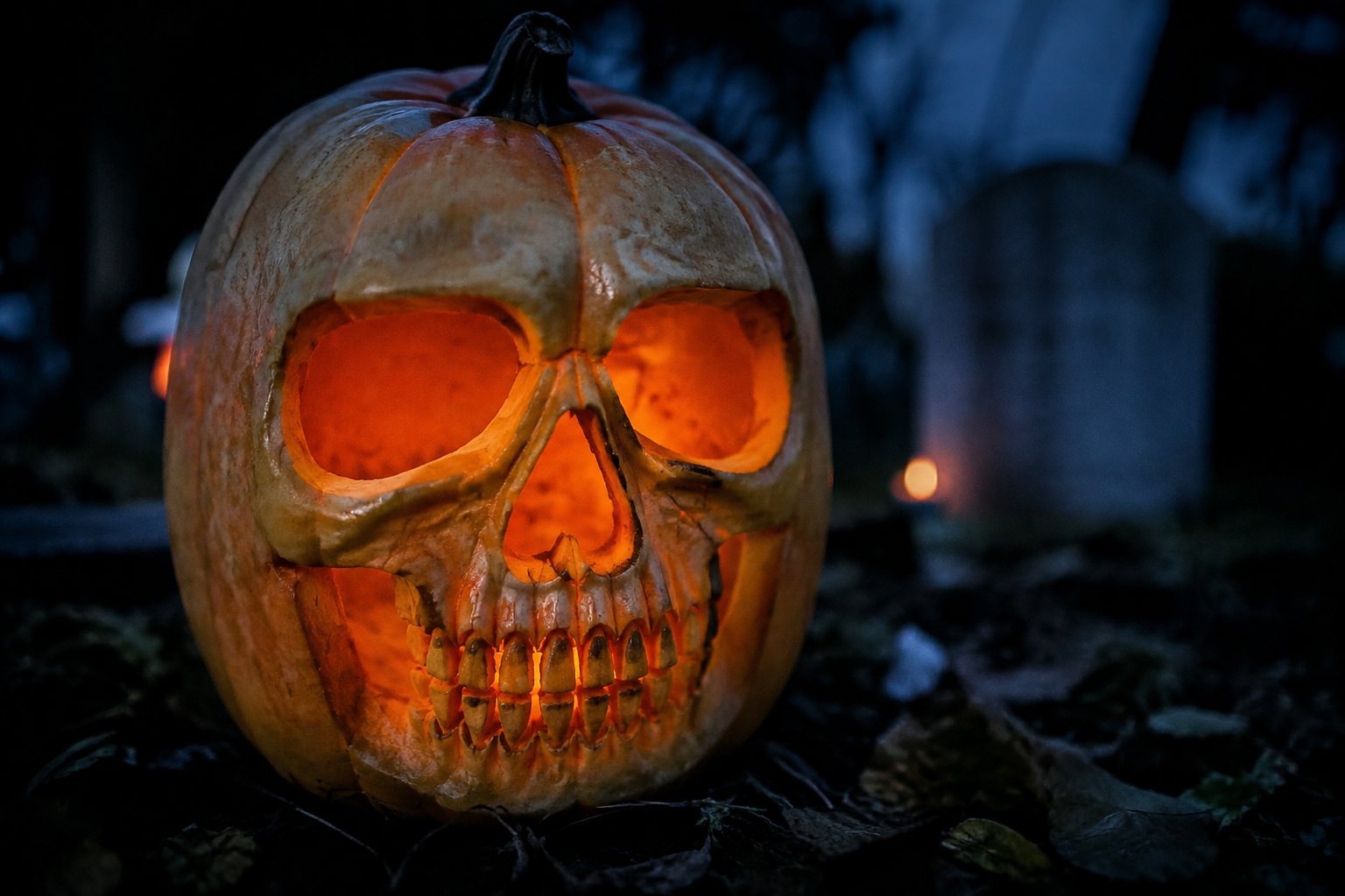 Skull-carved pumpkin with hollow eye sockets and skeletal teeth