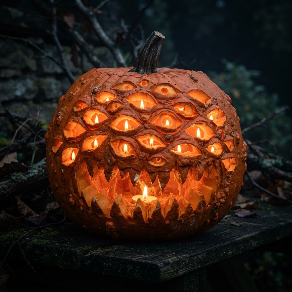 Monster pumpkin with multiple carved eyes of different sizes