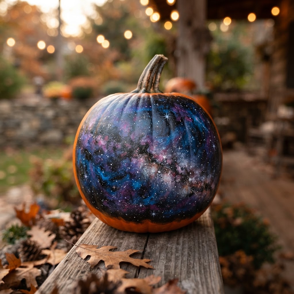 No-carve pumpkin painted with galaxy design stars and nebula