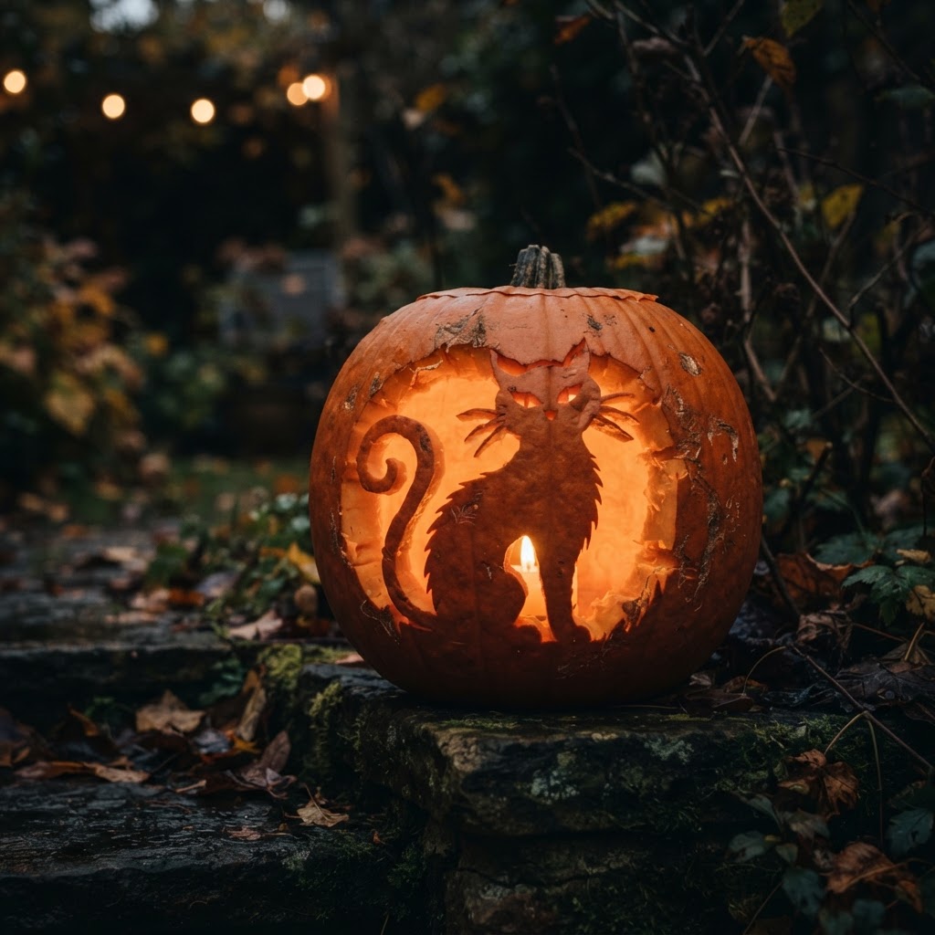 Pumpkin carved with detailed cat silhouette with arched back