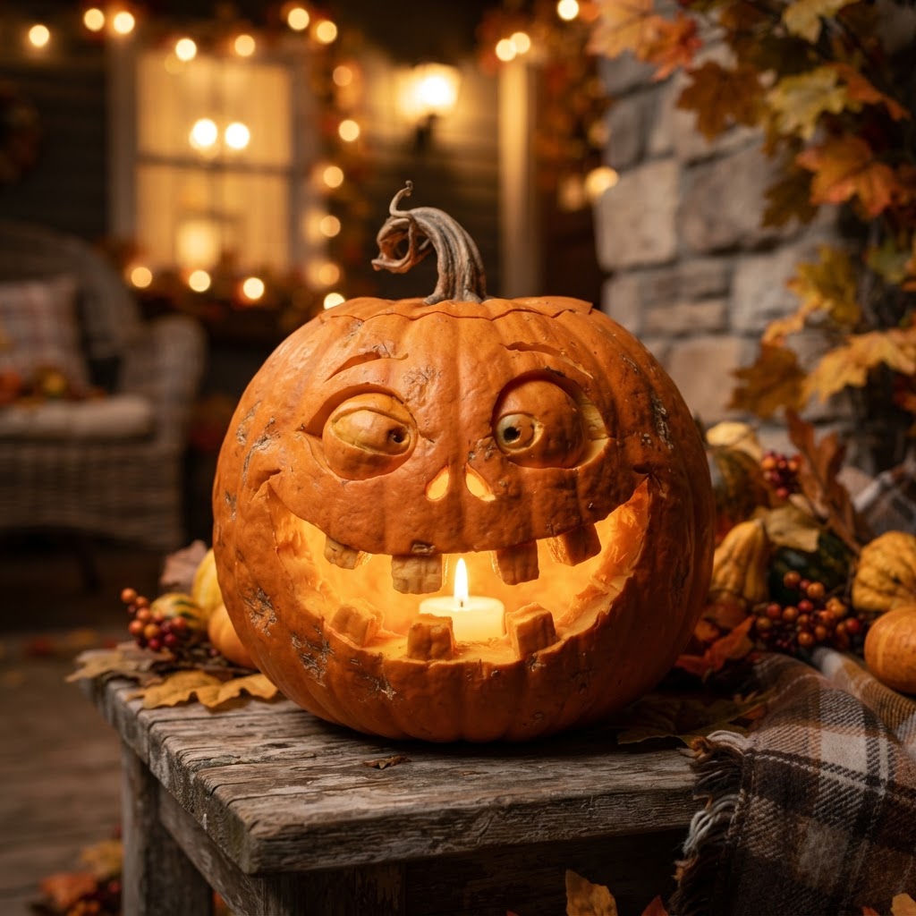 Goofy cross-eyed jack-o-lantern with wide silly grin