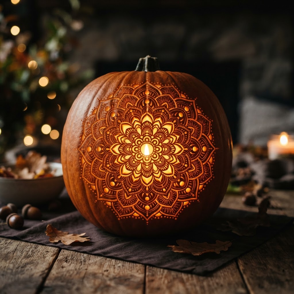 Pumpkin carved with detailed symmetrical mandala pattern