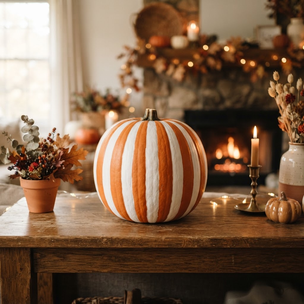 No-carve pumpkin painted with vertical orange and white stripes