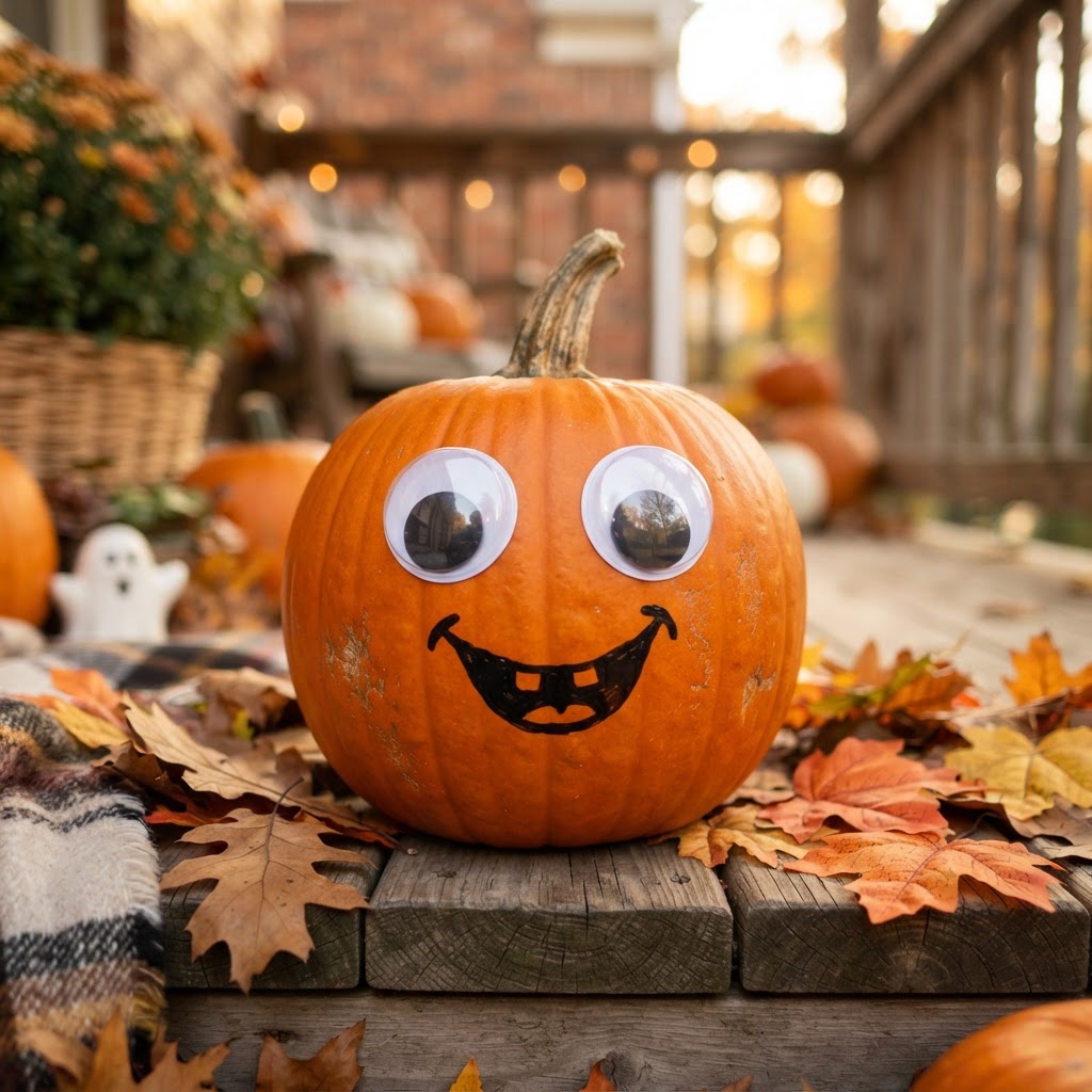 Pumpkin with large googly craft eyes and painted silly mouth