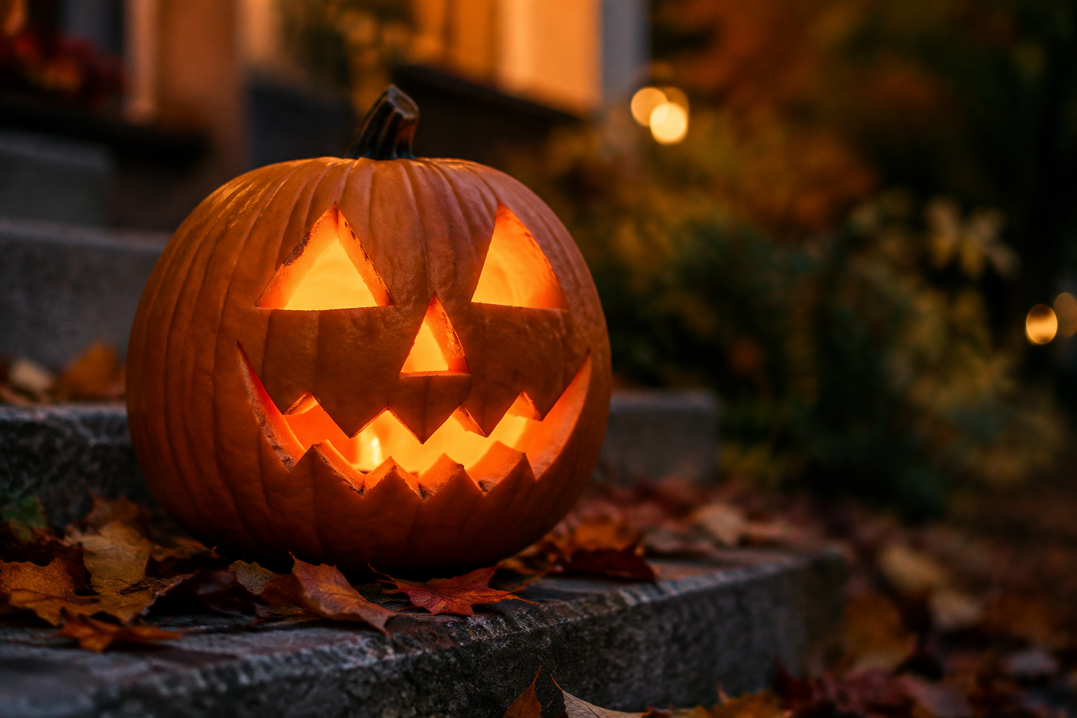 Pumpkin with sharp triangle eyes and jagged zigzag mouth on steps