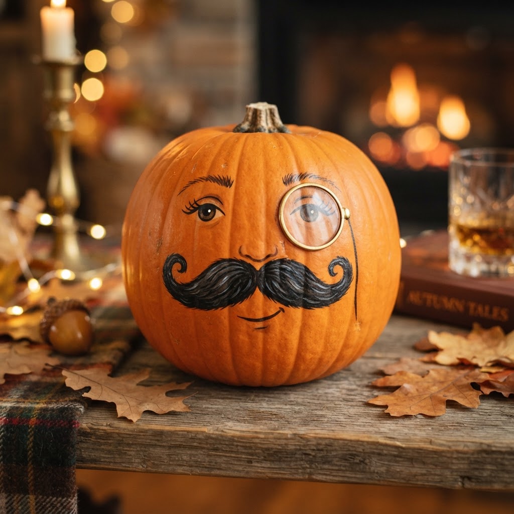 Pumpkin with painted curly mustache and monocle eye