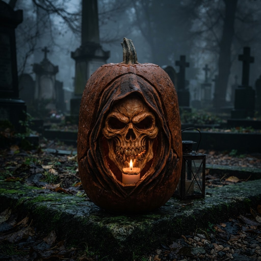 Grim reaper pumpkin face with hollow eyes and skeletal grin